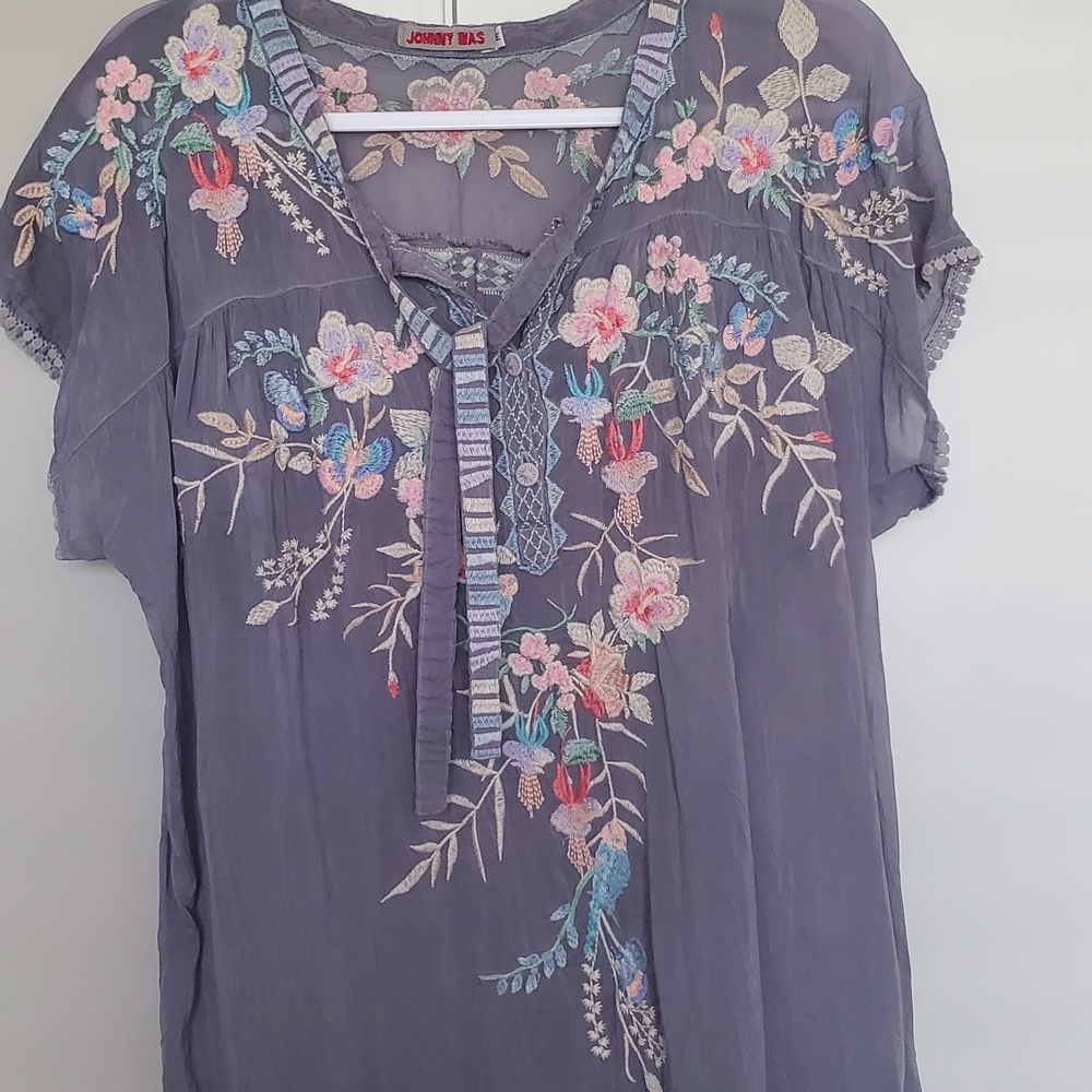 Johnny Was Beautiful Floral Embroidered Blue Blouse